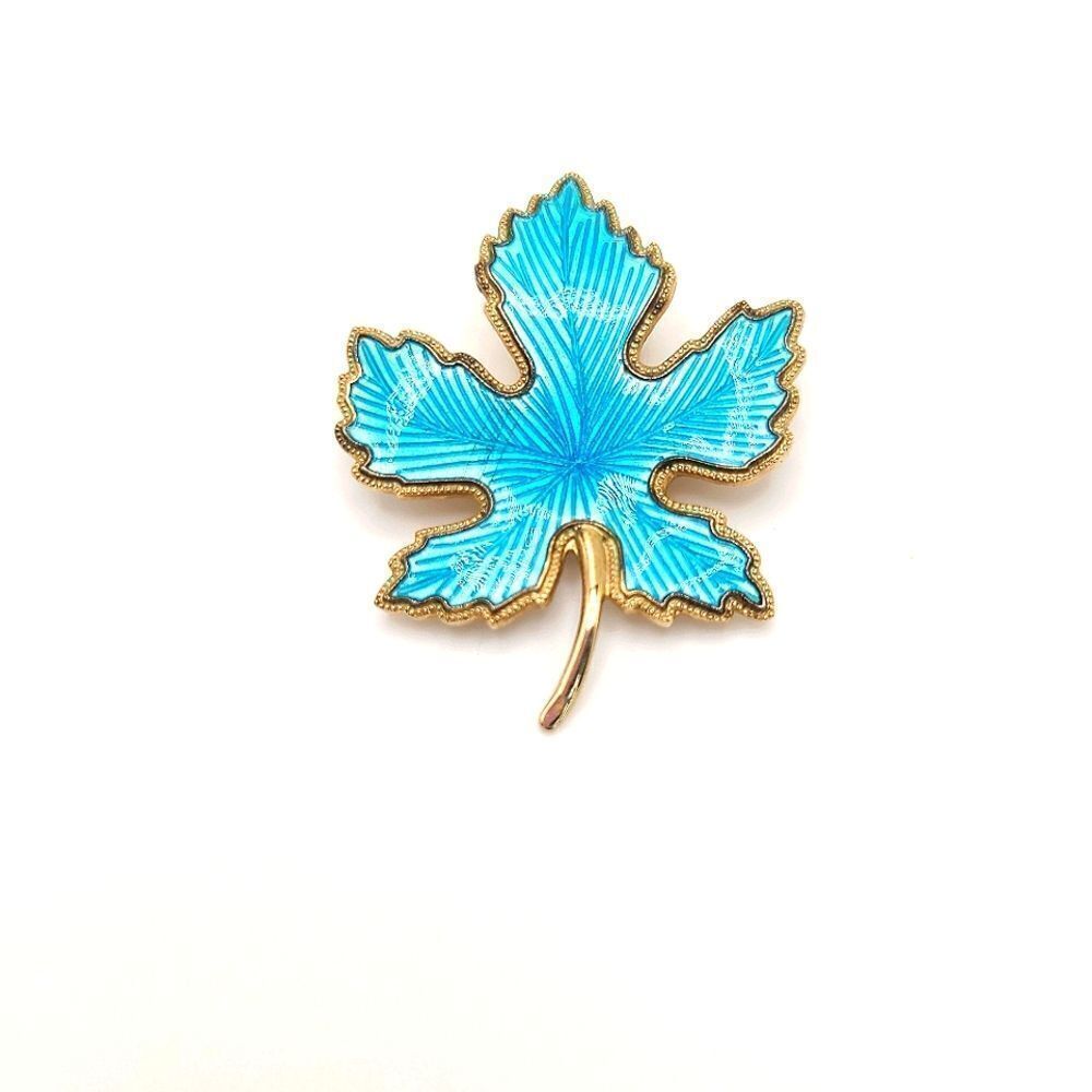 Vintage 1960's Leaf Brooch Pin Blue Enamel